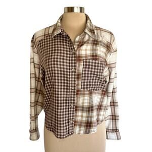 American Eagle Cropped Flannel Button Up Shirt Womens SM Brown Plaid Patchwork